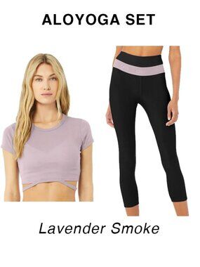 ALO Yoga Crop Tee & Capri Set (Lavender Smoke) Size S